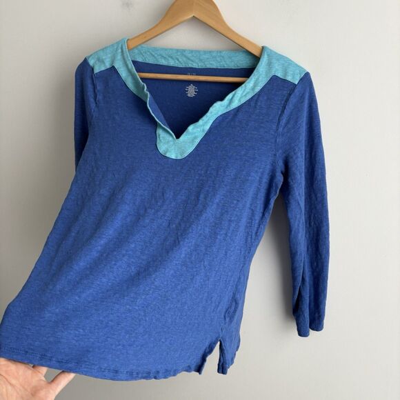 Saks Fifth Avenue Womens XL Linen Top Blue Preppy Coastal 3/4 Sleeve Knit Tee - Picture 2 of 7